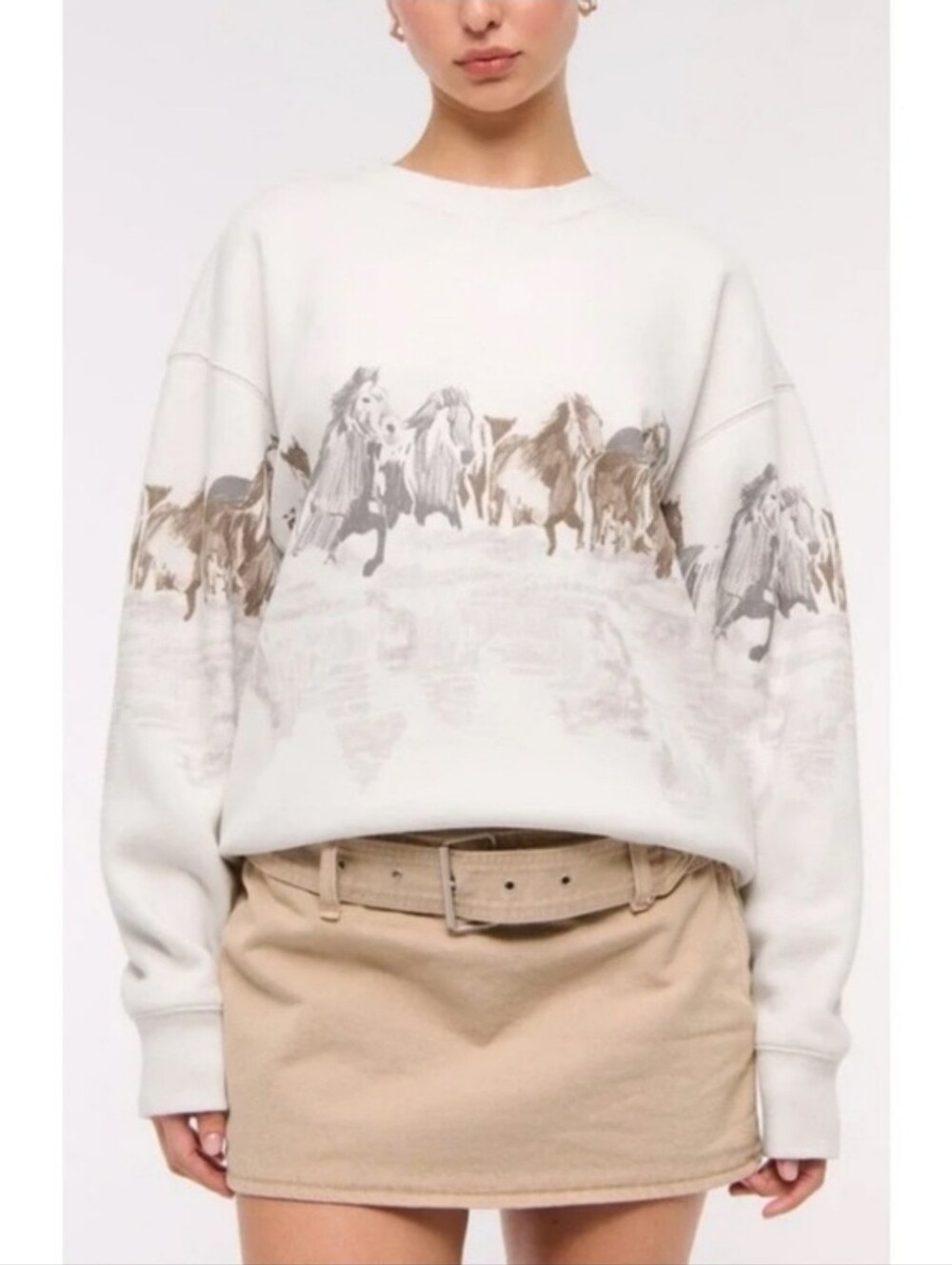 Abercrombie & Fitch Sunday Sweatshirt Horses Western Beige Brown Gray Large